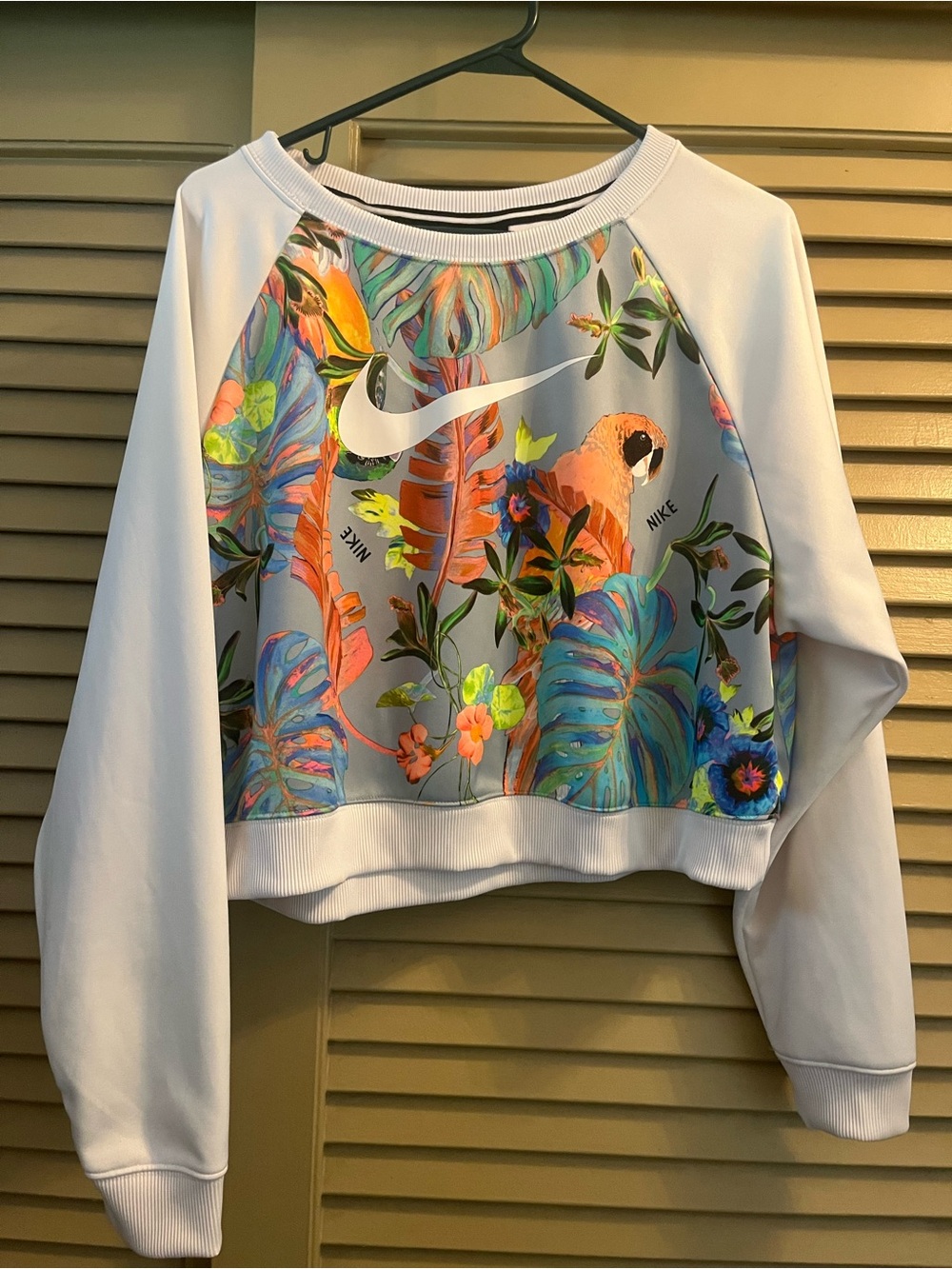 Nike White Cropped Sweatshirt with Tropical Parrot Print